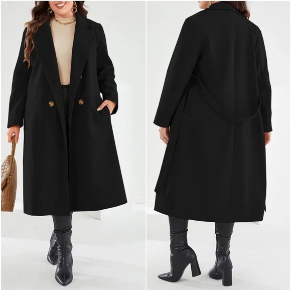 Plus Double Breasted Button up Belted Jacket Coat - Picture 3 of 9